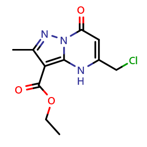 Chemical structure of ethyl 5-(chloromethyl)-2-methyl-7-oxo-4H,7H-pyrazolo[1,5-a]pyrimidine-3-carboxylate , CAS 1258651-04-5, AChemBlock S81620