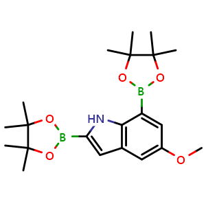 Chemical structure of 5-methoxy-2,7-bis(4,4,5,5-tetramethyl-1,3,2-dioxaborolan-2-yl)-1H-indole , CAS 1256360-22-1, AChemBlock S81680