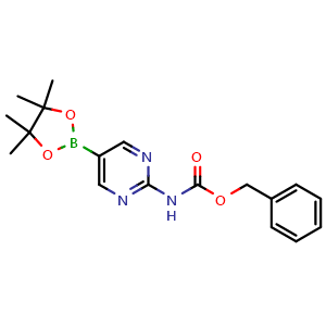 Chemical structure of benzyl (5-(4,4,5,5-tetramethyl-1,3,2-dioxaborolan-2-yl)pyrimidin-2-yl)carbamate , CAS 1256359-98-4, AChemBlock S81681