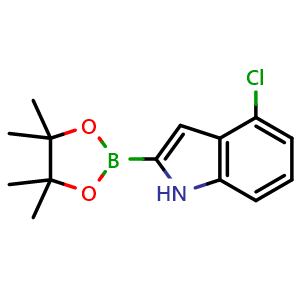 Chemical structure of 4-chloro-2-(4,4,5,5-tetramethyl-1,3,2-dioxaborolan-2-yl)-1H-indole , CAS 1256358-95-8, AChemBlock S81692
