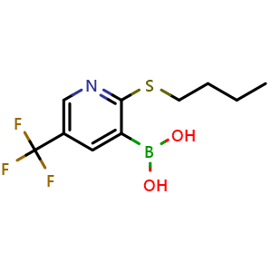 Chemical structure of (2-(butylthio)-5-(trifluoromethyl)pyridin-3-yl)boronic acid , CAS 1256345-53-5, AChemBlock S81709