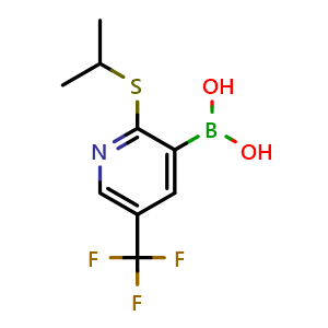 Chemical structure of (2-(isopropylthio)-5-(trifluoromethyl)pyridin-3-yl)boronic acid , CAS 1256345-52-4, AChemBlock S81710