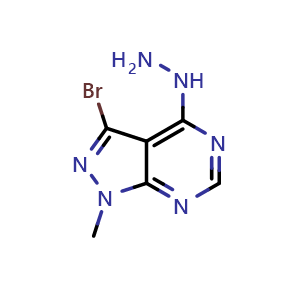 Chemical structure of 3-bromo-4-hydrazinyl-1-methyl-1H-pyrazolo[3,4-d]pyrimidine , CAS 1251925-46-8, AChemBlock S81744
