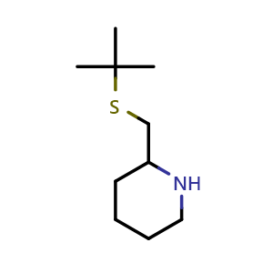 Chemical structure of 2-[(tert-Butylsulfanyl)methyl]piperidine , CAS 1251246-19-1, AChemBlock S81763