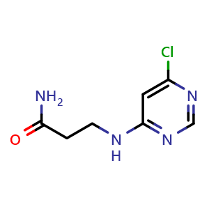 Chemical structure of 3-[(6-chloropyrimidin-4-yl)amino]propanamide , CAS 1250489-59-8, AChemBlock S81807