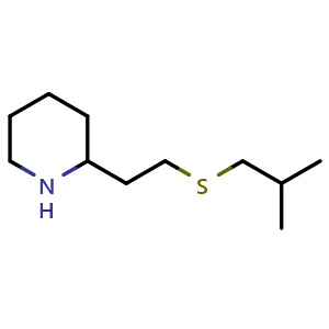 Chemical structure of 2-{2-[(2-methylpropyl)sulfanyl]ethyl}piperidine , CAS 1249984-04-0, AChemBlock S81826