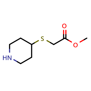Chemical structure of methyl 2-(piperidin-4-ylsulfanyl)acetate , CAS 1249945-46-7, AChemBlock S81828