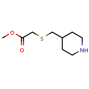 Chemical structure of methyl 2-{[(piperidin-4-yl)methyl]sulfanyl}acetate , CAS 1249320-76-0, AChemBlock S81850