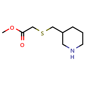 Chemical structure of methyl 2-{[(piperidin-3-yl)methyl]sulfanyl}acetate , CAS 1249268-58-3, AChemBlock S81851