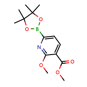 Chemical structure of methyl 2-methoxy-6-(4,4,5,5-tetramethyl-1,3,2-dioxaborolan-2-yl)pyridine-3-carboxylate , CAS 1246765-27-4, AChemBlock S81910