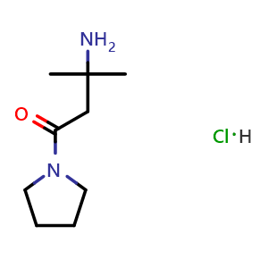 Chemical structure of 3-amino-3-methyl-1-(pyrrolidin-1-yl)butan-1-one hydrochloride , CAS 1246471-46-4, AChemBlock S81912