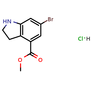 Chemical structure of methyl 6-bromo-2,3-dihydro-1H-indole-4-carboxylate hydrochloride , CAS 1240523-96-9, AChemBlock S81988