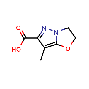 Chemical structure of 7-methyl-2H,3H-pyrazolo[3,2-b][1,3]oxazole-6-carboxylic acid , CAS 1239844-56-4, AChemBlock S81996