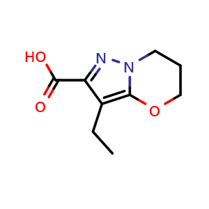 Chemical structure of 3-ethyl-5H,6H,7H-pyrazolo[3,2-b][1,3]oxazine-2-carboxylic acid , CAS 1239723-94-4, AChemBlock S82003