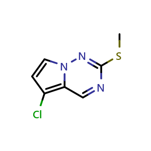 Chemical structure of 5-chloro-2-(methylsulfanyl)pyrrolo[2,1-f][1,2,4]triazine , CAS 1233186-09-8, AChemBlock S82083