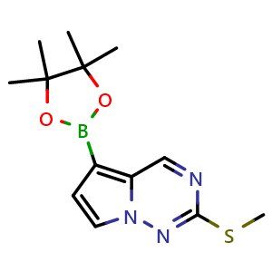 Chemical structure of 2-(methylsulfanyl)-5-(4,4,5,5-tetramethyl-1,3,2-dioxaborolan-2-yl)pyrrolo[2,1-f][1,2,4]triazine , CAS 1233181-70-8, AChemBlock S82086