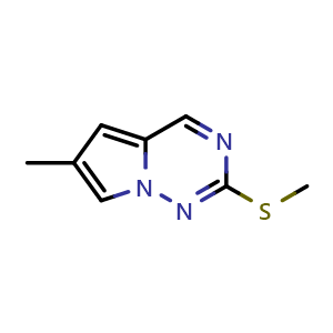 Chemical structure of 6-methyl-2-(methylsulfanyl)pyrrolo[2,1-f][1,2,4]triazine , CAS 1233179-40-2, AChemBlock S82087