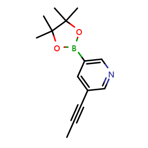 Chemical structure of 3-(prop-1-yn-1-yl)-5-(tetramethyl-1,3,2-dioxaborolan-2-yl)pyridine , CAS 1231934-45-4, AChemBlock S82101