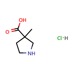 Chemical structure of 3-methylpyrrolidine-3-carboxylic acid hydrochloride , CAS 1222503-25-4, AChemBlock S82204