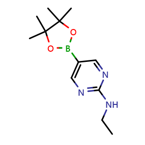 Chemical structure of N-ethyl-5-(4,4,5,5-tetramethyl-1,3,2-dioxaborolan-2-yl)pyrimidin-2-amine , CAS 1218791-44-6, AChemBlock S82271