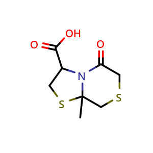 Chemical structure of 8a-methyl-5-oxo-hexahydro-[1,3]thiazolo[2,3-c][1,4]thiazine-3-carboxylic acid , CAS 1214654-03-1, AChemBlock S82350