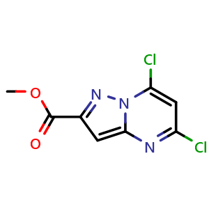 Chemical structure of methyl 5,7-dichloropyrazolo[1,5-a]pyrimidine-2-carboxylate , CAS 1211583-00-4, AChemBlock S82409