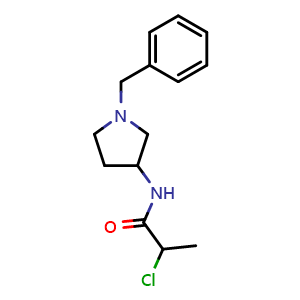 Chemical structure of N-(1-benzylpyrrolidin-3-yl)-2-chloropropanamide , CAS 1210472-18-6, AChemBlock S82454