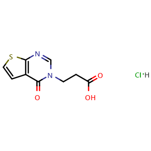 Chemical structure of 3-{4-oxo-3H,4H-thieno[2,3-d]pyrimidin-3-yl}propanoic acid hydrochloride , CAS 1209189-00-3, AChemBlock S82465