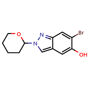 Chemical structure of 6-bromo-2-(oxan-2-yl)-2H-indazol-5-ol , CAS 1206800-27-2, AChemBlock S82511