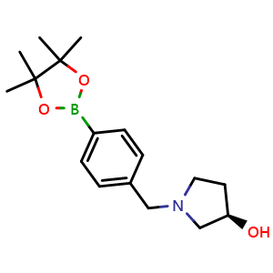 Chemical structure of (3R)-1-{[4-(4,4,5,5-tetramethyl-1,3,2-dioxaborolan-2-yl)phenyl]methyl}pyrrolidin-3-ol , CAS 1206641-44-2, AChemBlock S82512