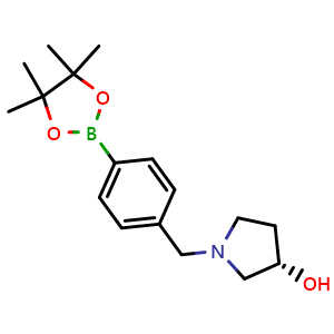 Chemical structure of (3S)-1-{[4-(4,4,5,5-tetramethyl-1,3,2-dioxaborolan-2-yl)phenyl]methyl}pyrrolidin-3-ol , CAS 1206641-40-8, AChemBlock S82513