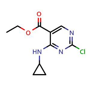 Chemical structure of ethyl 2-chloro-4-(cyclopropylamino)pyrimidine-5-carboxylate , CAS 1192711-36-6, AChemBlock S82661