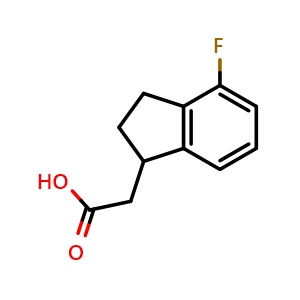 Chemical structure of 2-(4-fluoro-2,3-dihydro-1H-inden-1-yl)acetic acid , CAS 1188145-23-4, AChemBlock S82700