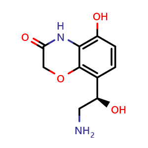 Chemical structure of 8-[(1R)-2-amino-1-hydroxyethyl]-5-hydroxy-3,4-dihydro-2H-1,4-benzoxazin-3-one , CAS 1179336-43-6, AChemBlock S82799