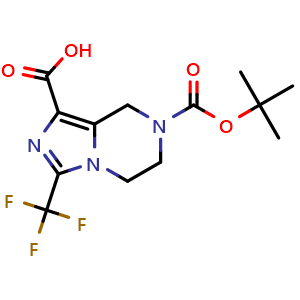 Chemical structure of 7-tert-butoxycarbonyl-3-(trifluoromethyl)-6,8-dihydro-5H-imidazo[1,5-a]pyrazine-1-carboxylic acid , CAS 1174039-46-3, AChemBlock S82853