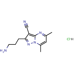 Chemical structure of 2-(3-aminopropyl)-5,7-dimethylpyrazolo[1,5-a]pyrimidine-3-carbonitrile hydrochloride , CAS 1172725-56-2, AChemBlock S82870