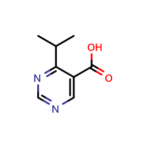 Chemical structure of 4-(propan-2-yl)pyrimidine-5-carboxylic acid , CAS 1147746-76-6, AChemBlock S83168