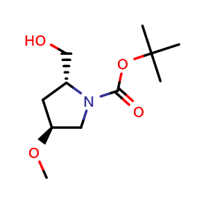 Chemical structure of tert-butyl (2R,4S)-2-(hydroxymethyl)-4-methoxy-pyrrolidine-1-carboxylate , CAS 1147107-22-9, AChemBlock S83174