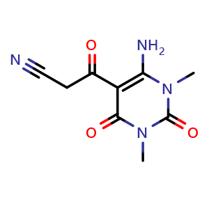 Chemical structure of 3-(6-amino-1,3-dimethyl-2,4-dioxo-1,2,3,4-tetrahydropyrimidin-5-yl)-3-oxopropanenitrile , CAS 112735-05-4, AChemBlock S83275