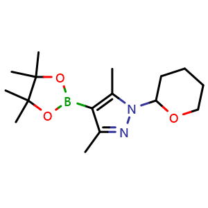 Chemical structure of 3,5-dimethyl-1-(oxan-2-yl)-4-(tetramethyl-1,3,2-dioxaborolan-2-yl)-1H-pyrazole , CAS 1126779-11-0, AChemBlock S83279