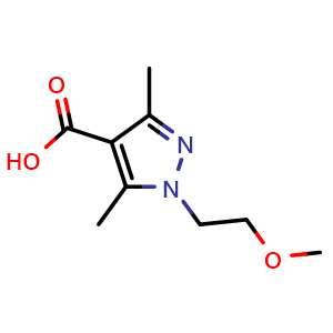 Chemical structure of 1-(2-methoxyethyl)-3,5-dimethyl-1H-pyrazole-4-carboxylic acid , CAS 1108712-66-8, AChemBlock S83347