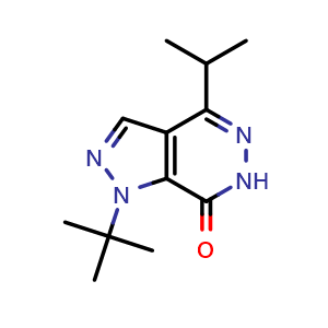 Chemical structure of 1-tert-butyl-4-(propan-2-yl)-1H,6H,7H-pyrazolo[3,4-d]pyridazin-7-one , CAS 1105196-46-0, AChemBlock S83363