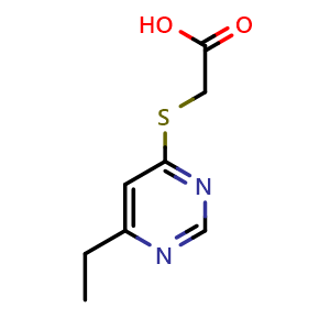 Chemical structure of 2-[(6-ethylpyrimidin-4-yl)sulfanyl]acetic acid , CAS 1105192-37-7, AChemBlock S83367