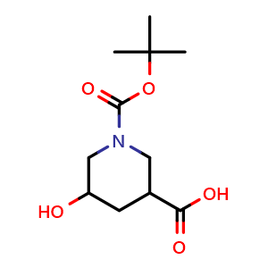 Chemical structure of 1-[(tert-butoxy)carbonyl]-5-hydroxypiperidine-3-carboxylic acid , CAS 1095010-48-2, AChemBlock S83413