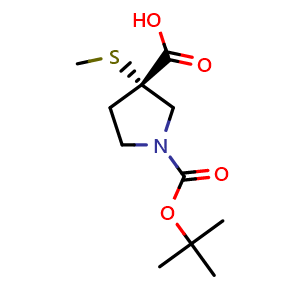 Chemical structure of (3S)-1-tert-butoxycarbonyl-3-methylsulfanyl-pyrrolidine-3-carboxylic acid , CAS 1093063-64-9, AChemBlock S83443