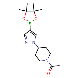 Chemical structure of 1-{4-[4-(tetramethyl-1,3,2-dioxaborolan-2-yl)-1H-pyrazol-1-yl]piperidin-1-yl}ethan-1-one , CAS 1092563-66-0, AChemBlock S83447