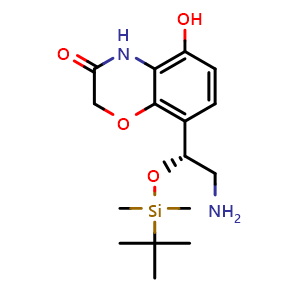 Chemical structure of 8-[(1R)-2-amino-1-[(tert-butyldimethylsilyl)oxy]ethyl]-5-hydroxy-3,4-dihydro-2H-1,4-benzoxazin-3-one , CAS 1092407-77-6, AChemBlock S83450