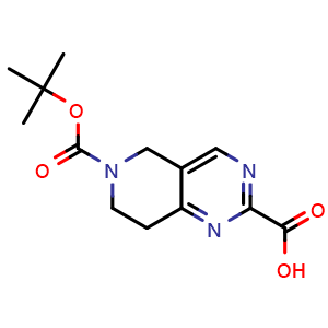 Chemical structure of 6-[(tert-butoxy)carbonyl]-5H,6H,7H,8H-pyrido[4,3-d]pyrimidine-2-carboxylic acid , CAS 1092352-58-3, AChemBlock S83451