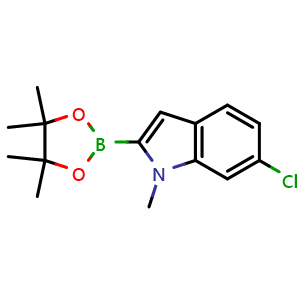 Chemical structure of 6-chloro-1-methyl-2-(4,4,5,5-tetramethyl-1,3,2-dioxaborolan-2-yl)-1H-indole , CAS 1073353-82-8, AChemBlock S83576