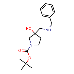 Chemical structure of tert-butyl 3-[(benzylamino)methyl]-3-hydroxypyrrolidine-1-carboxylate , CAS 1072828-07-9, AChemBlock S83591